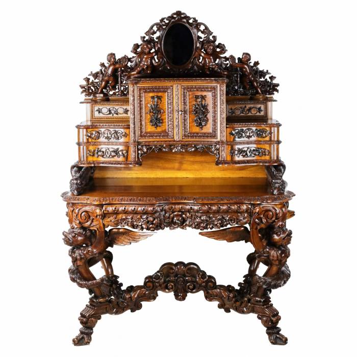 Magnificent carved bureau table in the Baroque Neo-Gothic style. France 19th century. 