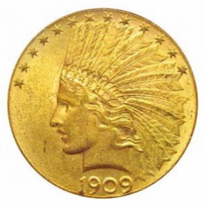 Золотая монета 10 долларов США   с головой индейца 1909 года  Вес: 16,78 г.