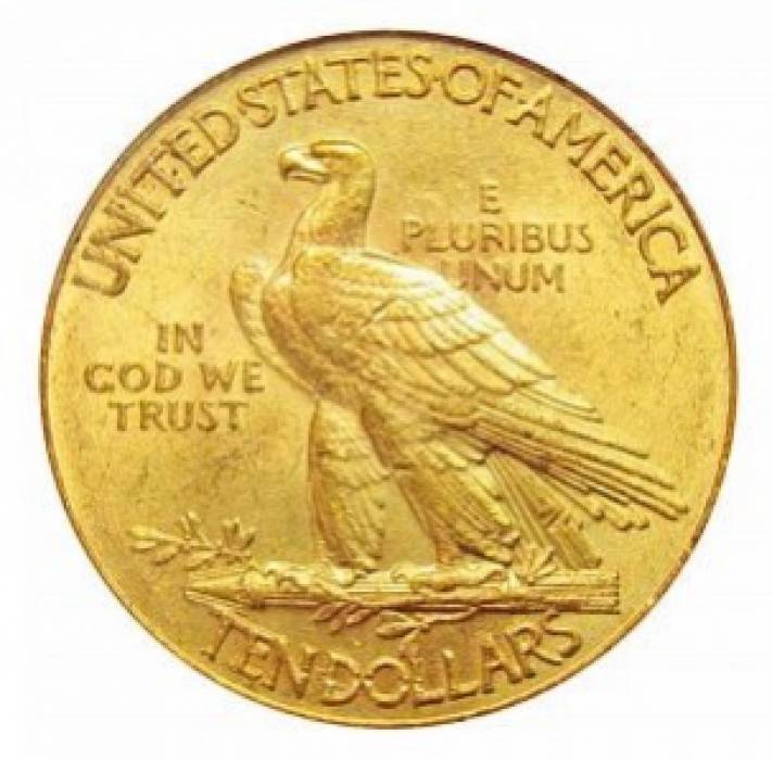 Золотая монета 10 долларов США   с головой индейца 1909 года  Вес: 16,78 г.