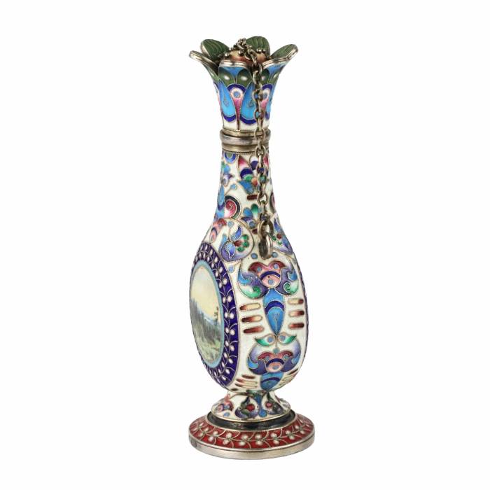 Silver perfume bottle in cloisonne enamel with painted miniatures. 