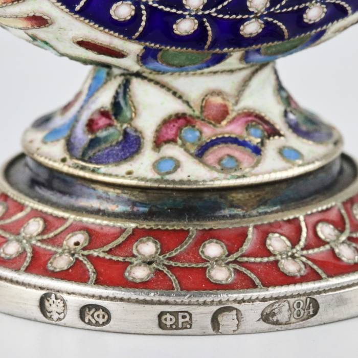 Silver perfume bottle in cloisonne enamel with painted miniatures. 