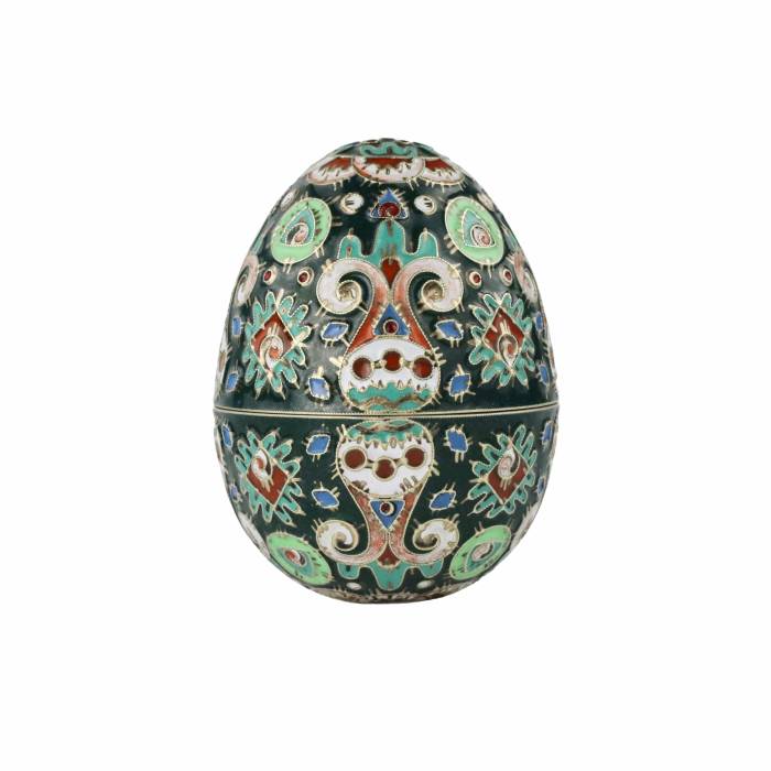 Divdaļīga dekoratīva sudraba Lieldienu ola ar kloizona emalju. 