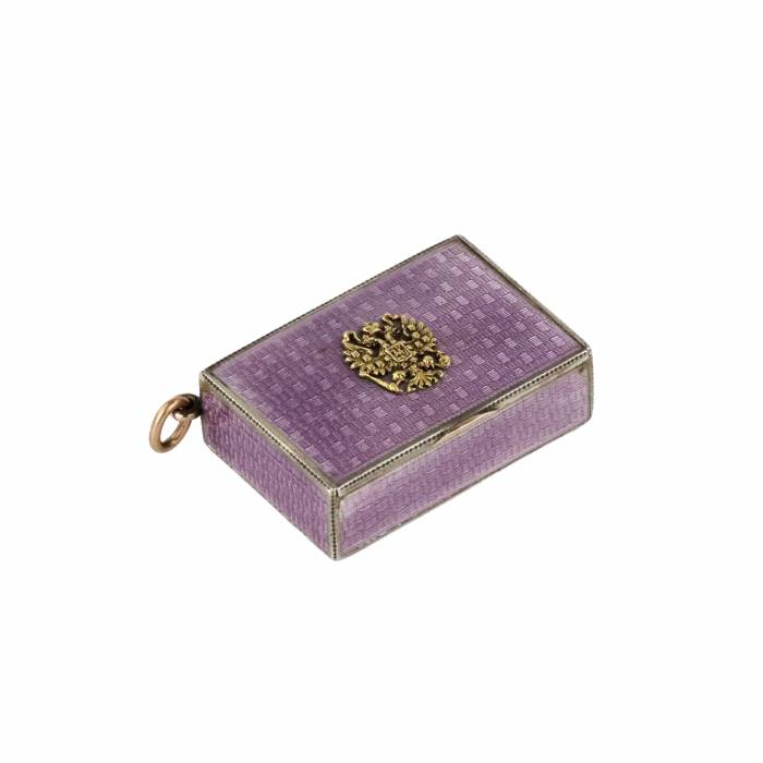 Silver snuff box-keychain of guilloche enamel with the coat of arms of Russia made of gold. The turn of the 19th-20th centuries. 