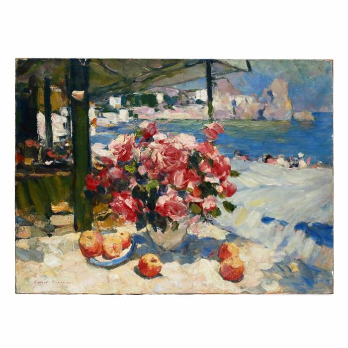 KONSTANTIN KOROVIN. Gurzuf. Bouquet of roses by the sea. 1917.