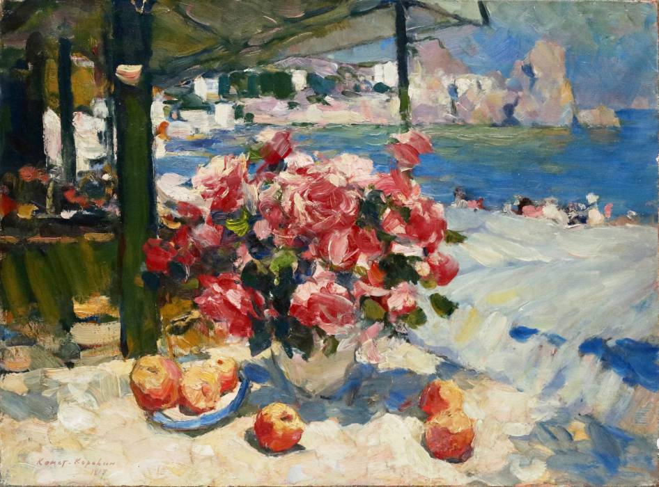 KONSTANTIN KOROVIN. Gourzouf. Bouquet de roses au bord de la mer. 1917.