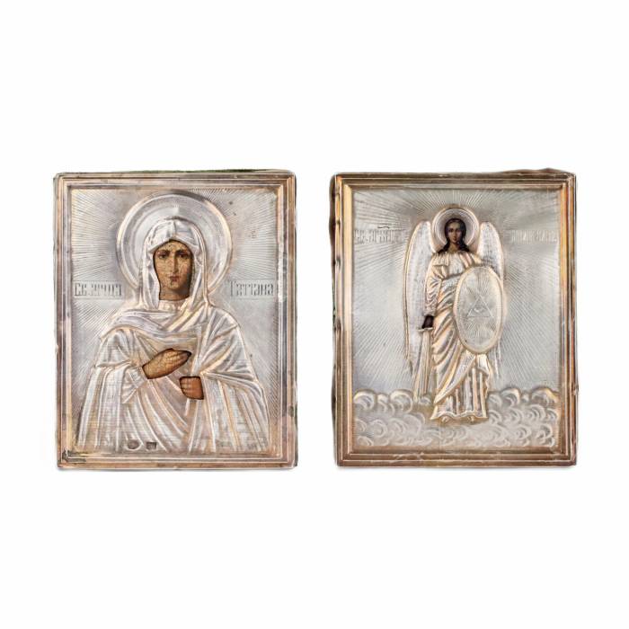 Russian icons in silver of Saints Tatiana and Archangel Michael. 