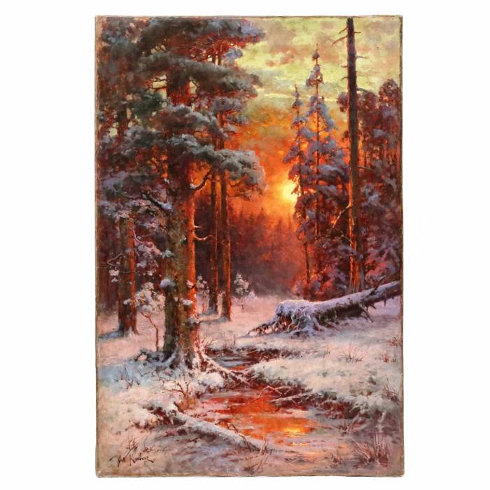 Julius Klever. Coucher de soleil dans la forêt d`hiver. 