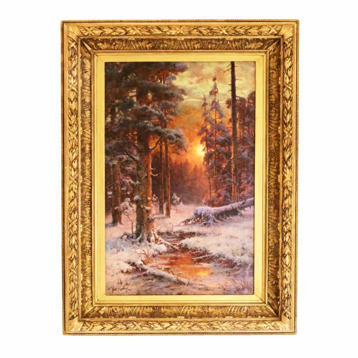 Julius Klever. Coucher de soleil dans la forêt d`hiver. 