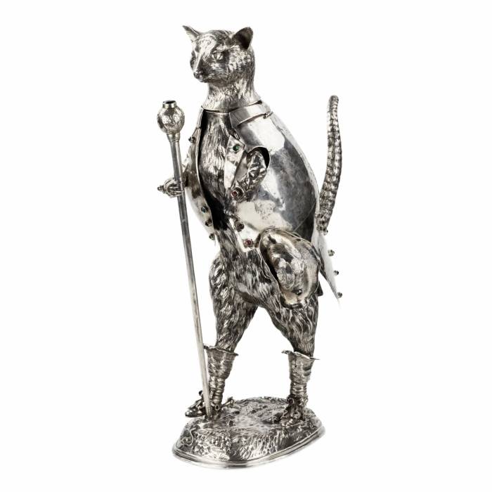 Catchy and ironic silver figure Puss in Boots. Günther Grungessel. Hannau. 1883 