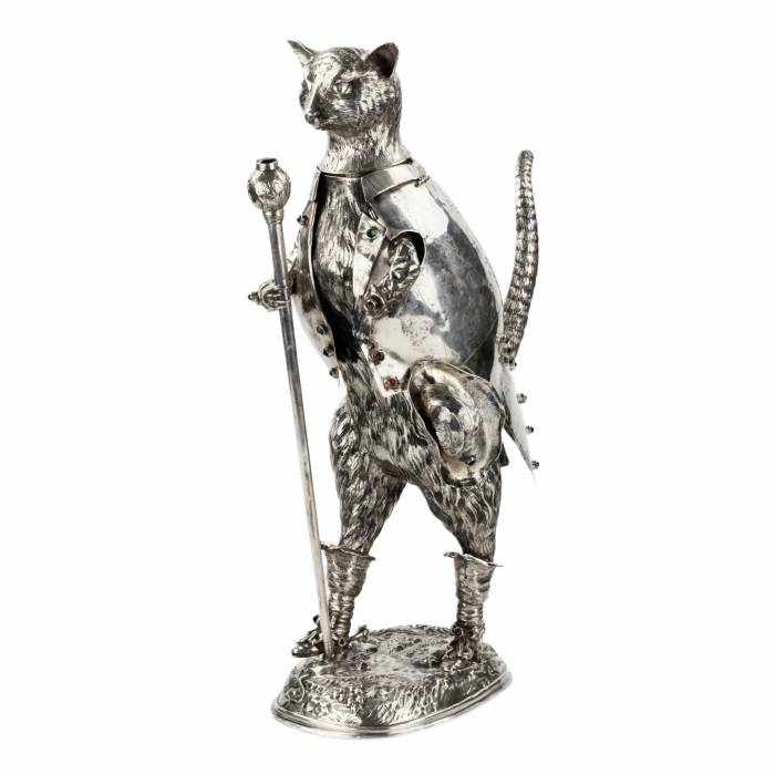 Catchy and ironic silver figure Cat in Boots. Günther Grungessel. Hannau. 1883 