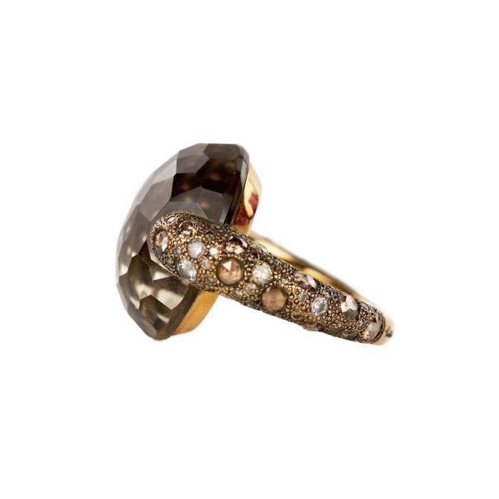 Cocktail gold ring 18K, Pomellato Tango Smoky Quartz Diamond. 