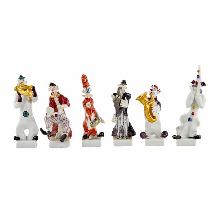 Pierre Strang. Six joyeux clowns en porcelaine - musiciens. MEISSEN. 