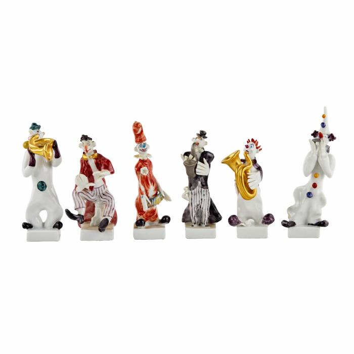 Peter Strang. Six cheerful porcelain clowns - musicians. MEISSEN.