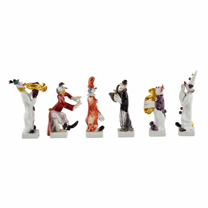 Peter Strang. Six cheerful porcelain clowns - musicians. MEISSEN.