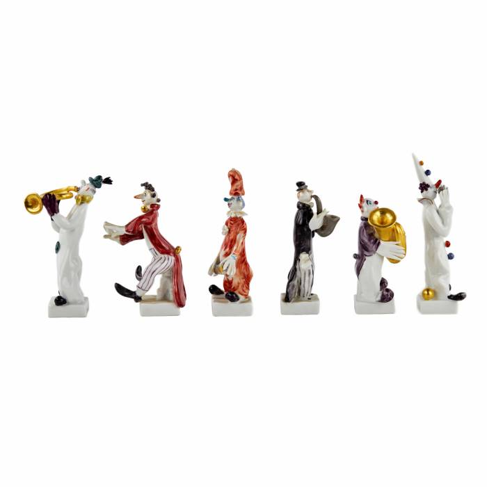 Peter Strang. Six cheerful porcelain clowns - musicians. MEISSEN.