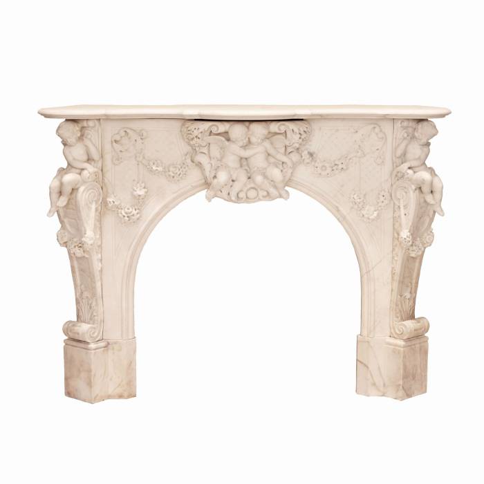 French white marble fireplace with cupids, Louis XV style. 19th century 