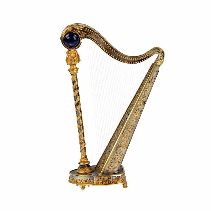 Decorative miniature. Gilded, silver harp with lapis lazuli. 1960s 