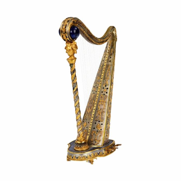 Decorative miniature. Gilded, silver harp with lapis lazuli. 1960s 