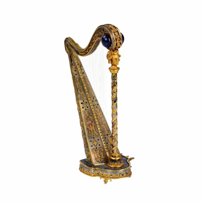 Decorative miniature. Gilded, silver harp with lapis lazuli. 1960s 