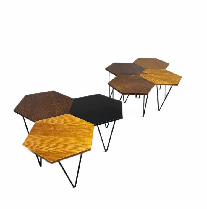 Džo Ponti par Isa Bergamo. Septiņas šūnveida, sešstūra, kafijas galdiņi, dizains 50s. 