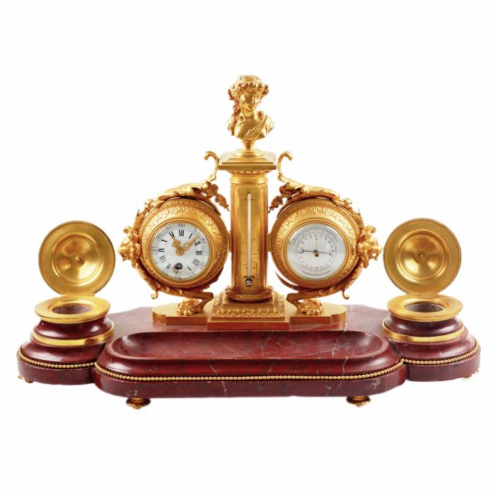 Necessaire d`ecriture en marbre merisier, bronze dore : horloge, thermomètre et baromètre. 19ème siècle. 