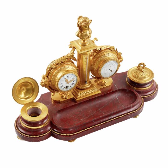 Cherry marble writing set, gilded bronze: clock, thermometer and barometer. 19th century. 