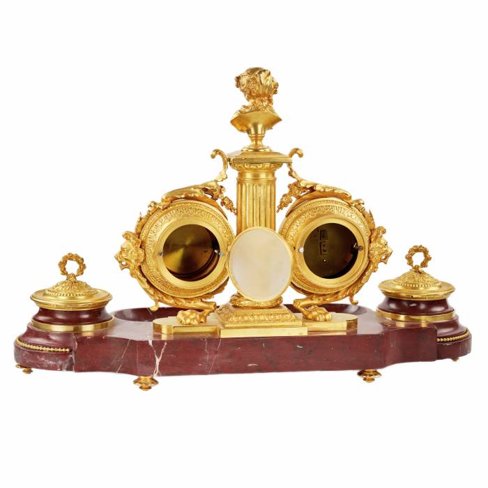 Necessaire d`ecriture en marbre merisier, bronze dore : horloge, thermomètre et baromètre. 19ème siècle. 