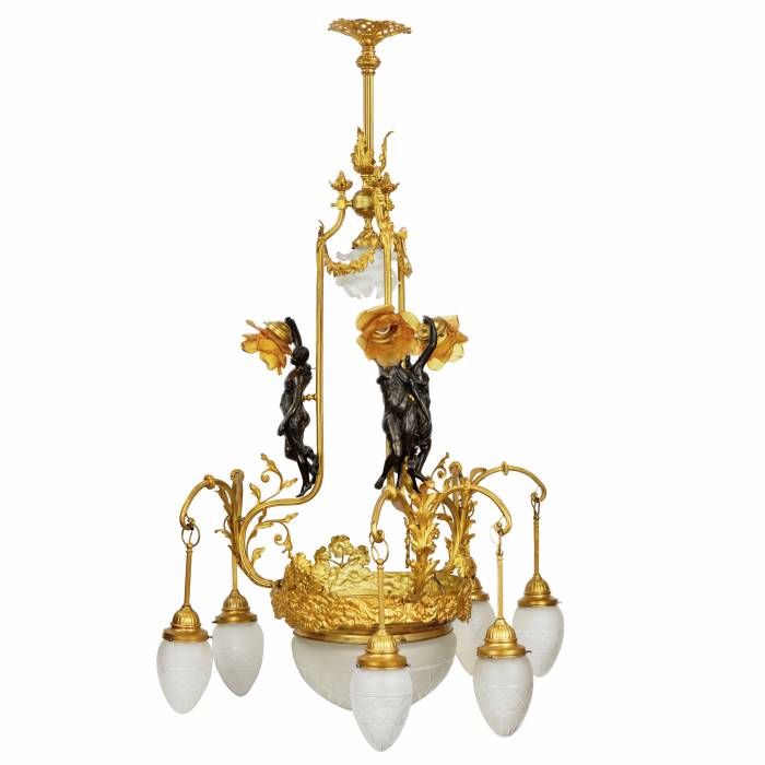 Bronze and gilded brass, graceful Art Nouveau chandelier, with Flora nymphs. 