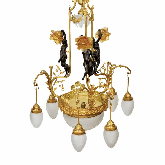 Bronze and gilded brass, graceful Art Nouveau chandelier, with Flora nymphs. 