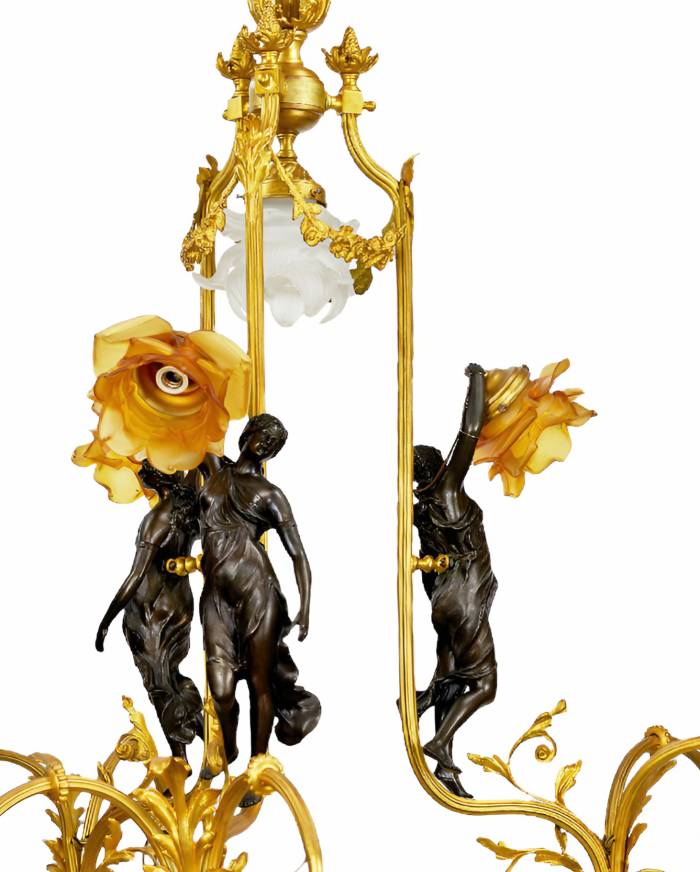 Bronze and gilded brass, graceful Art Nouveau chandelier, with Flora nymphs. 