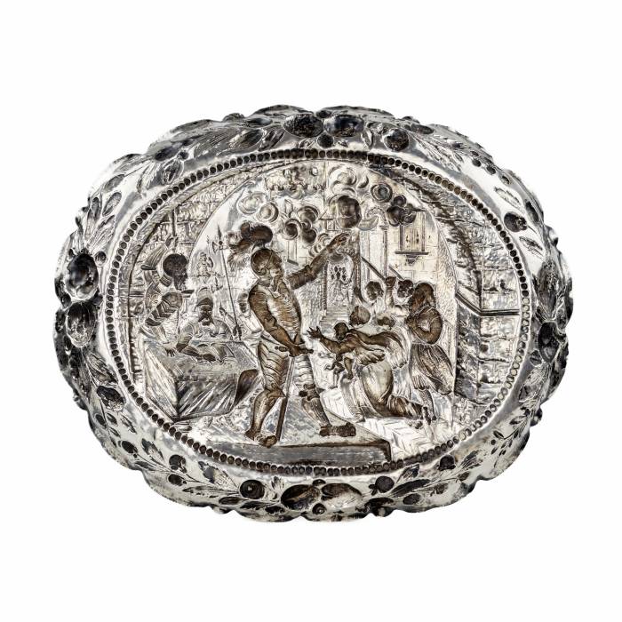 Silver, decorative dish with a scene of a knight&39;s court. 19th century. 