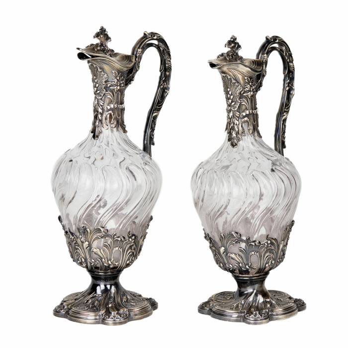 Винная пара стеклянных кувшинов в серебре, в стиле Людовика XV. Франция конец 19 века.
