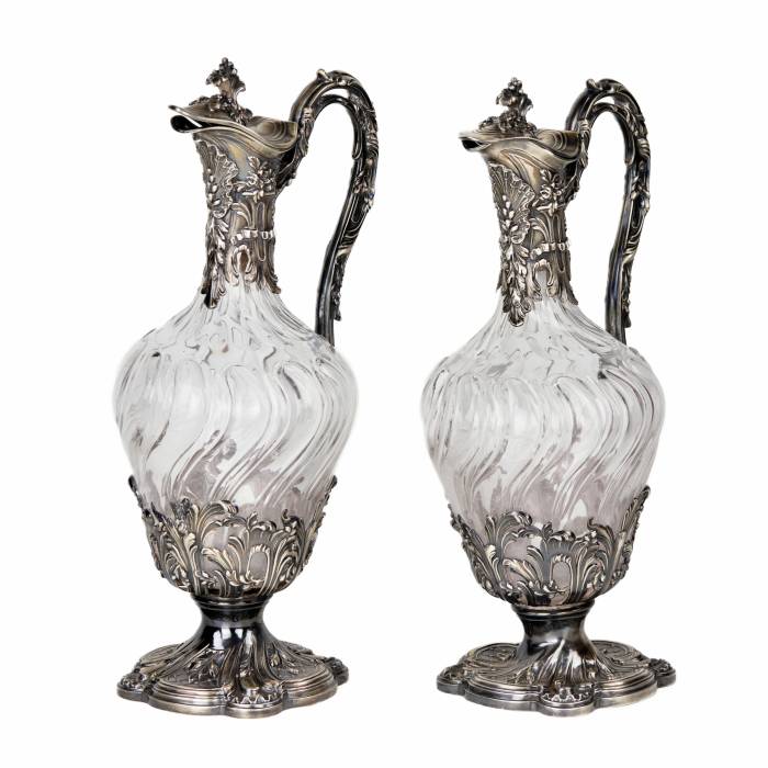 Wine pair of glass jugs in silver, Louis XV style. France late 19th century.