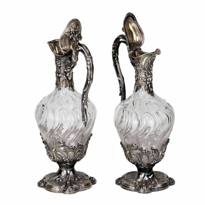 Wine pair of glass jugs in silver, Louis XV style. France late 19th century.