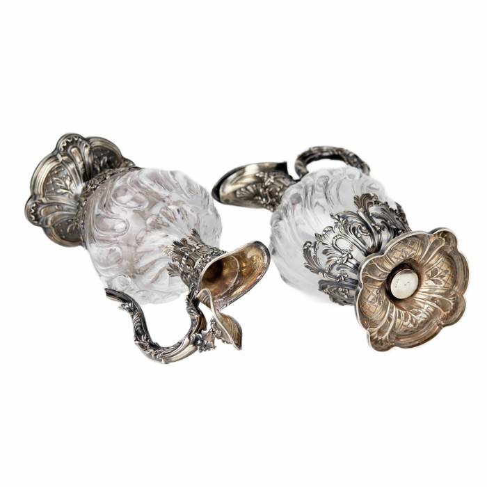 Wine pair of glass jugs in silver, Louis XV style. France late 19th century.