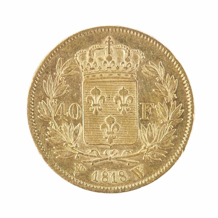 Золотая монета достоинством 40 франков, Людовик XVIII. Франция. 1818 год.
