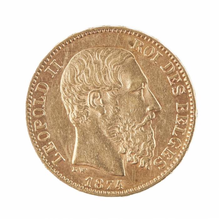 Золотая монета достоинством 20 франков. Леопольд II король Бельгии. 1874 г. 