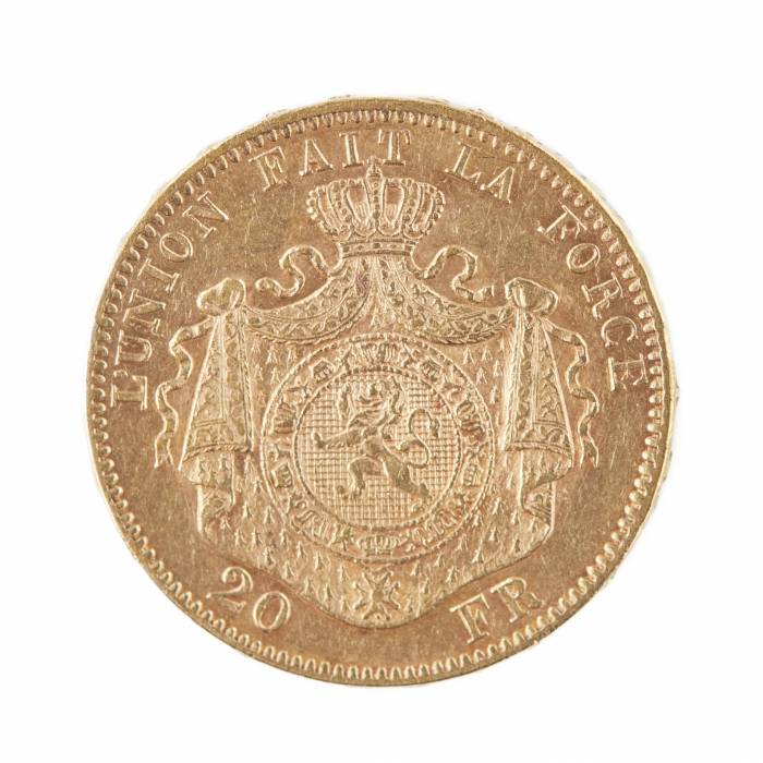 Pièce d`or de 20 francs Léopold II Roi de Belgique. 1874