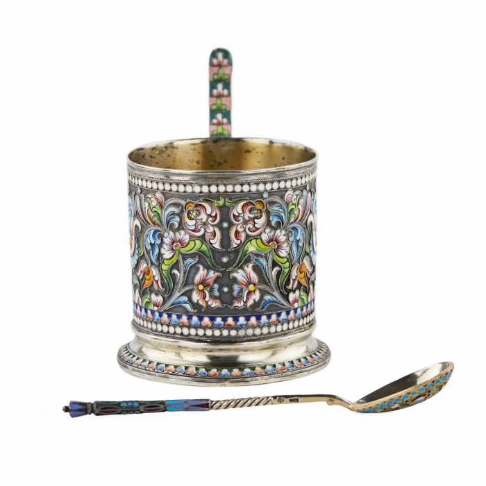 Silver glass holder with a spoon decorated with cloisonne enamel. Moscow 1908-1917.