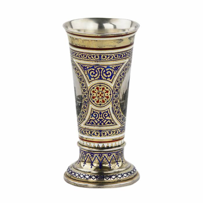PAVEL OVCHINNIKOV. Russian silver gilded and champleve goblet of the 19th century, stamped by Pavel Ovchinnikov, Moscow, 1872. Imperial diploma. 