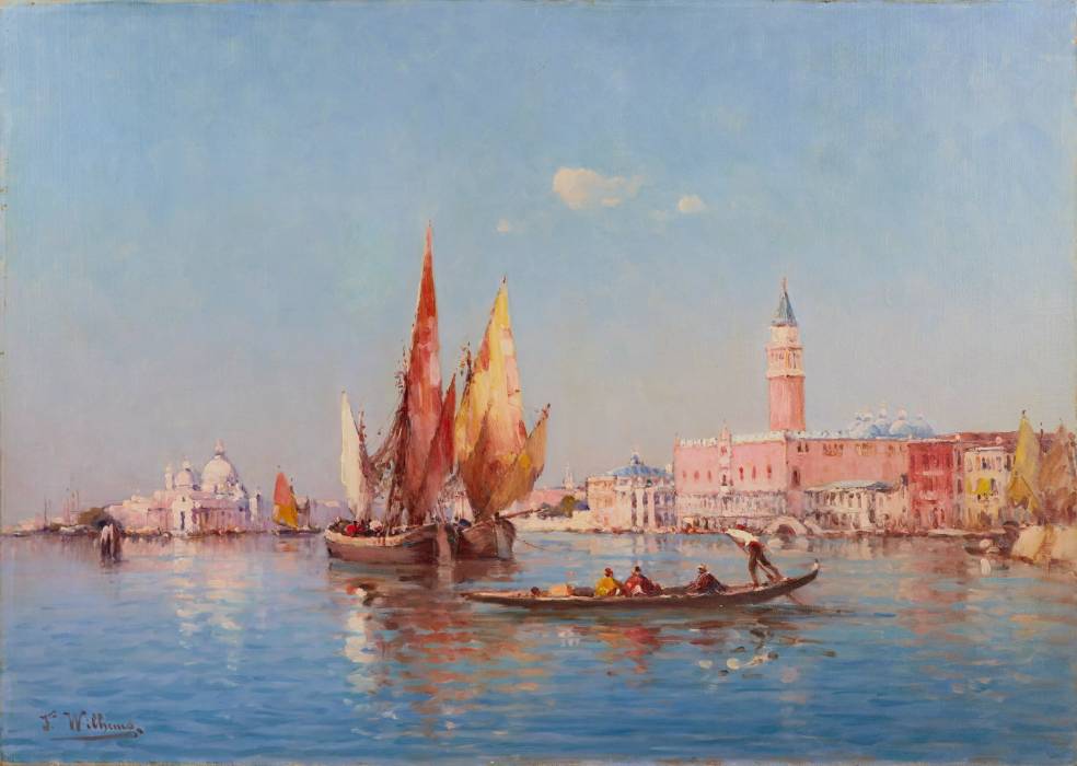 James WILHEMS. Venetian landscape. View of the Doges Palace and Santa Maria de la Salute. Beginning of the 20th century. 