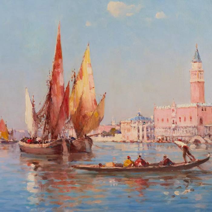 James WILHEMS. Venetian landscape. View of the Doges Palace and Santa Maria de la Salute. Beginning of the 20th century. 