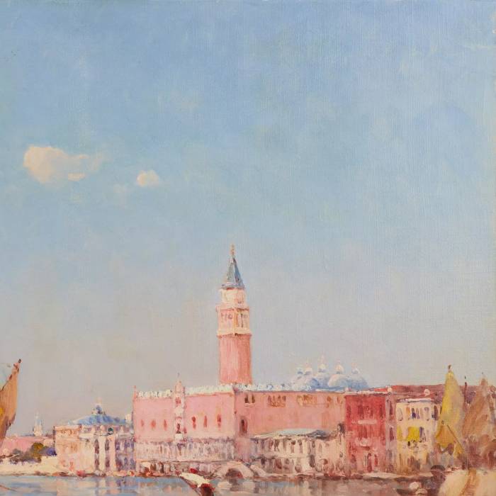 Jacques WILHEMS. Paysage vénitien. Vue du Palais des Doges et de Santa Maria de la Salute.Début du XXe siècle. 