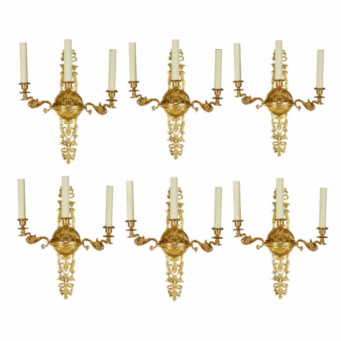 Six gilded bronze wall sconces with a Swan motif. France 20th century 