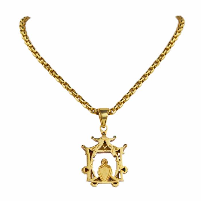 Pagoda medallion gold chain with meditating Buddha