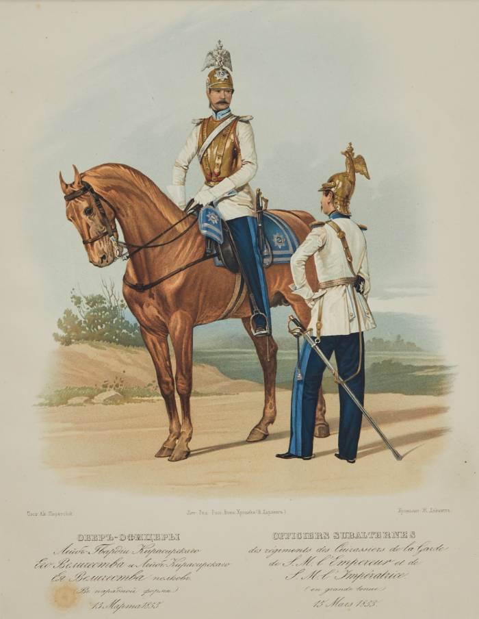 Chromolithograph of the dress uniform of chief officers of the Life Guards Cuirassier Regiment in 1855. 