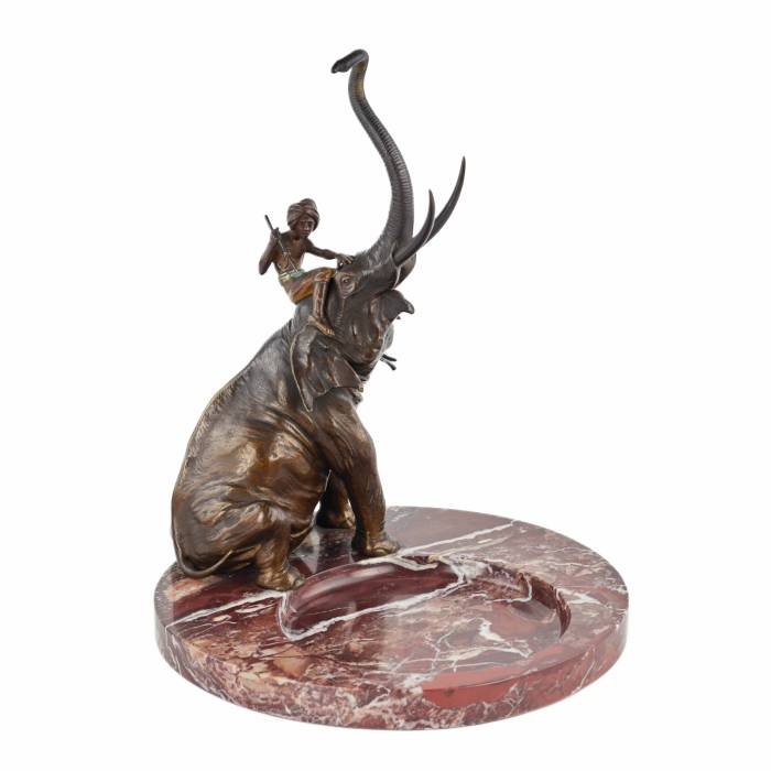 Franz Bergman. Decorative dish for small items made of marble, with a bronze figure of an elephant. 