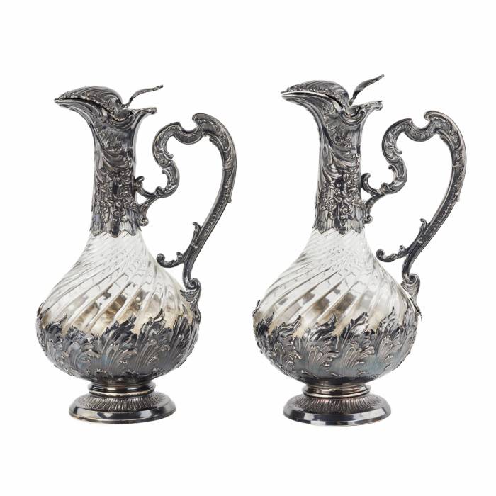 Frangiere & Laroche. Pair of French wine jugs. Glass in silver. 1880s.