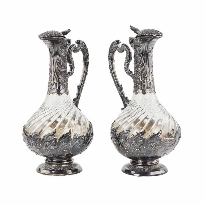 Frangiere & Laroche. Pair of French wine jugs. Glass in silver. 1880s.