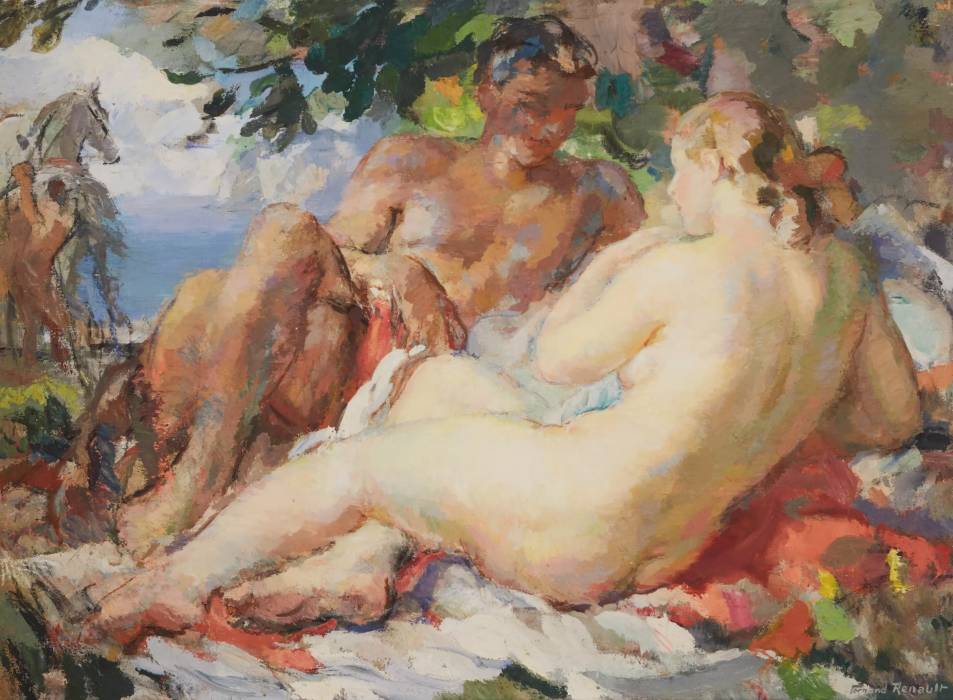 RENAULT Fernand Albert (1887-1939). Couple amoureux. Sous la canopee des arbres. 